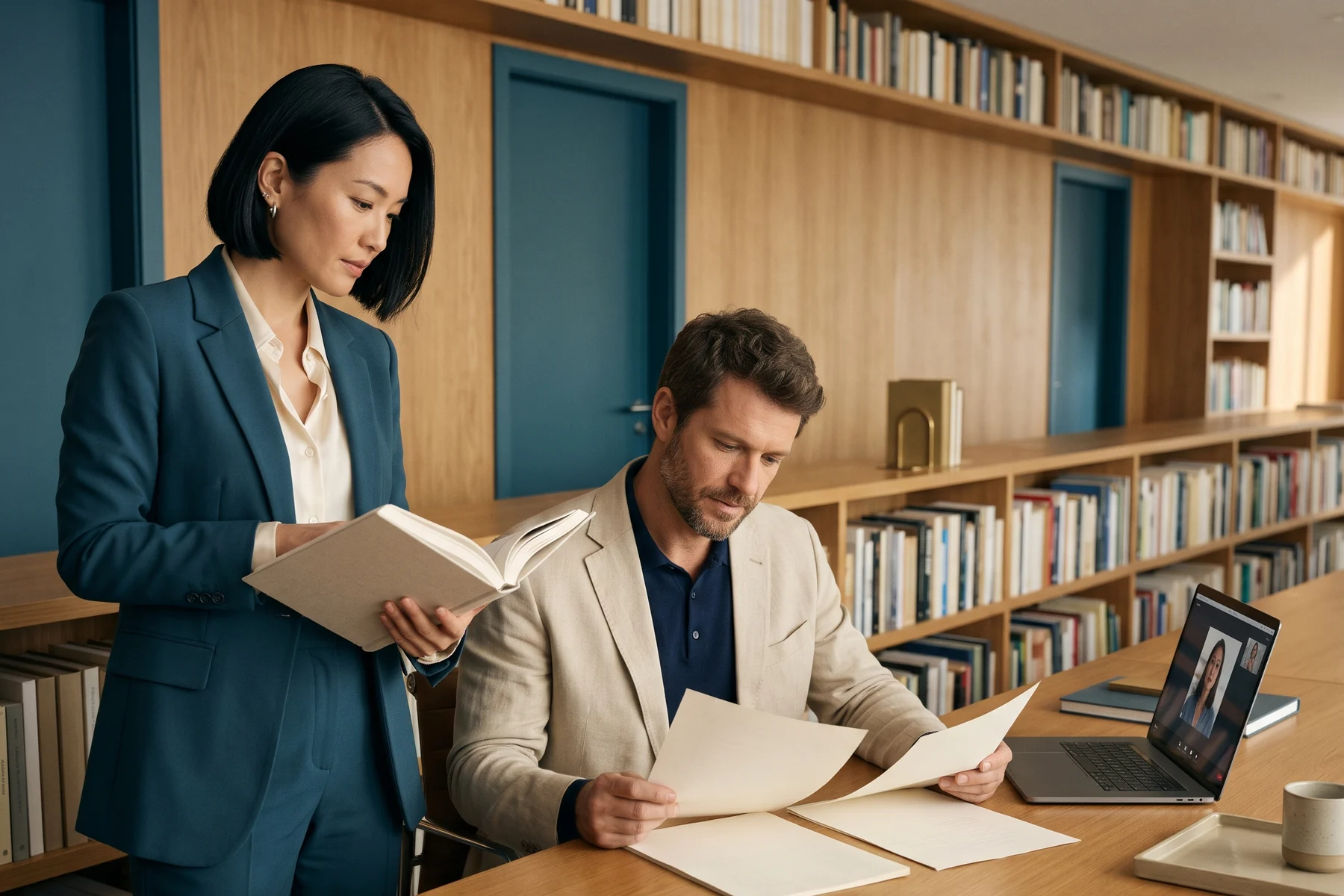 Equipe jurídica fictícia colabora em um escritório modernista, em imagem gerada com IA.